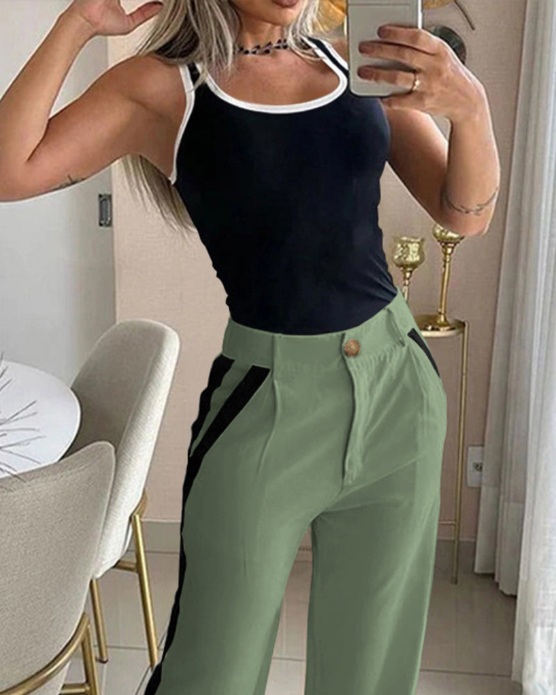 2 Piece Contrast Binding Sleeveless Slim Fit Tank Top and Striped Pants Sets Tracksuits Match Sets