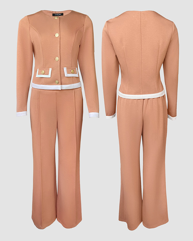 2 Pieces Outfit Contrast Paneled Single Breasted Flap Detail Crop Top and Elastic Waist Seam Front High Waist Pants Set Casual Commuting Set