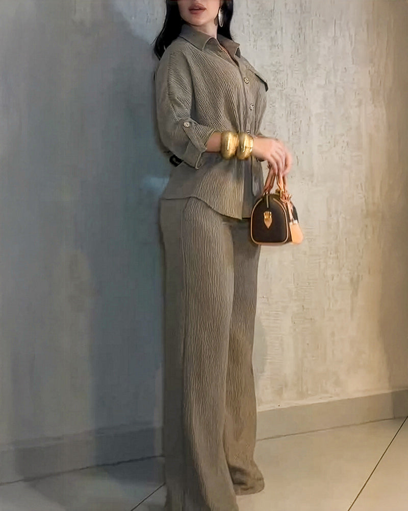 2 Pieces Outfit Vintage Turn-down Collar Roll Up Sleeve Button Front Flap Pocket Design Waist Drawstring Top and Elastic Waist Wide Leg Pants Set Casual Textured Commuting Set