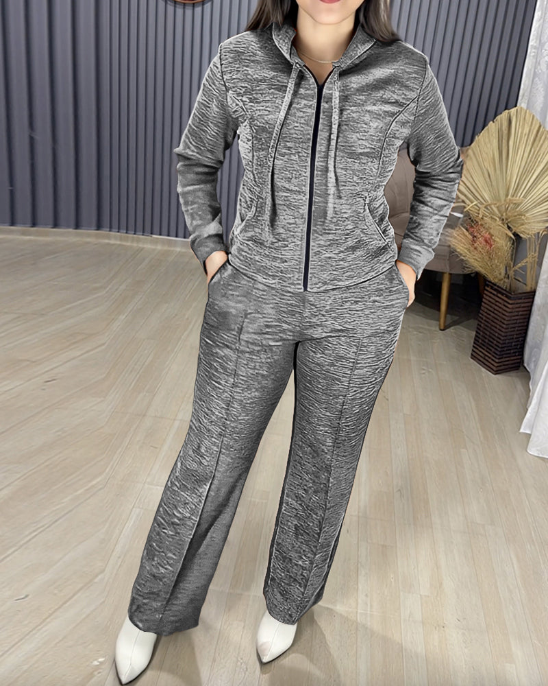 2 Pieces Outfit Long Sleeve Zip Up Drawstring Hoodie Coat and Casual Elastic Waist Seam Front Straight Leg Pants Set