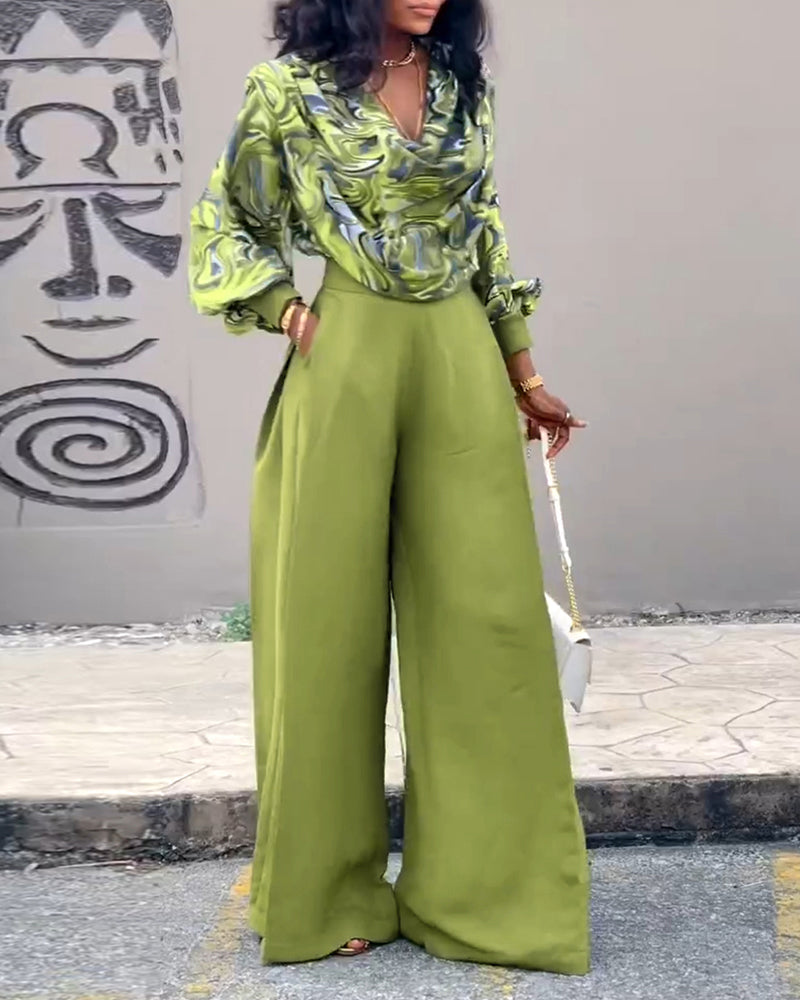 2 Pieces Outfit Abstract Print Cowl Neck Lantern Sleeve Stretchy Hem Crop Top and Casual Zipper Side Ruched Wide Leg Pants Set