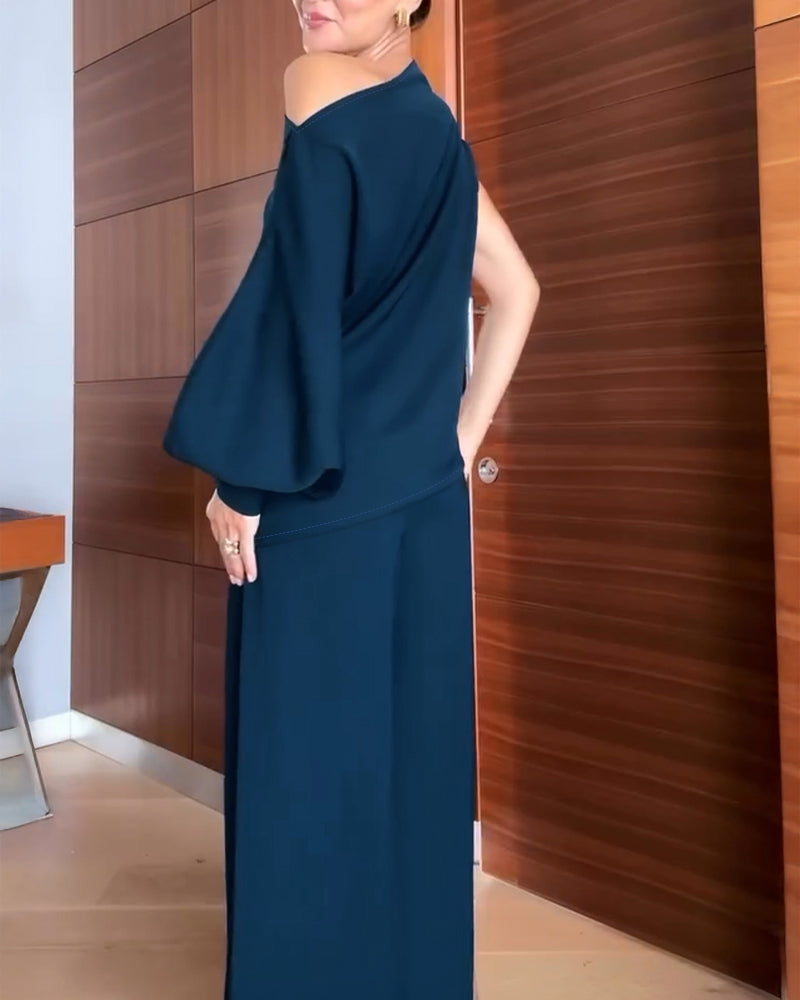 2 Pieces Outfit Skew Neck Asymmetrical Lantern Sleeve Side Slit Top and Casual Button & Zipper Side Pleated Wide Leg Pants Set