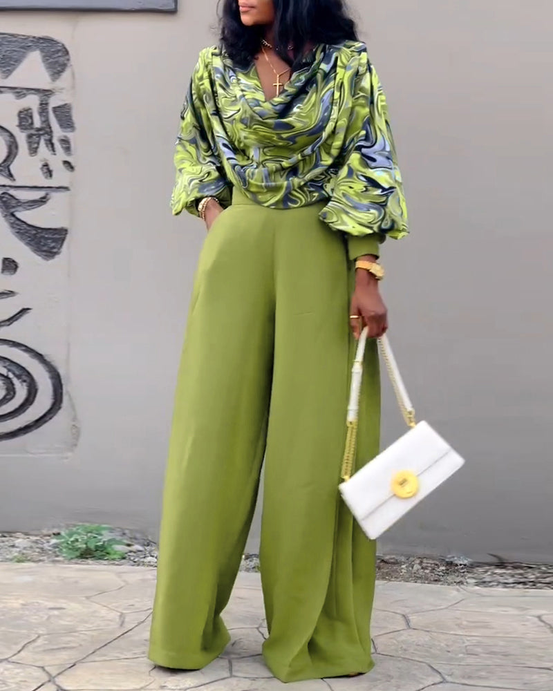 2 Pieces Outfit Abstract Print Cowl Neck Lantern Sleeve Stretchy Hem Crop Top and Casual Zipper Side Ruched Wide Leg Pants Set