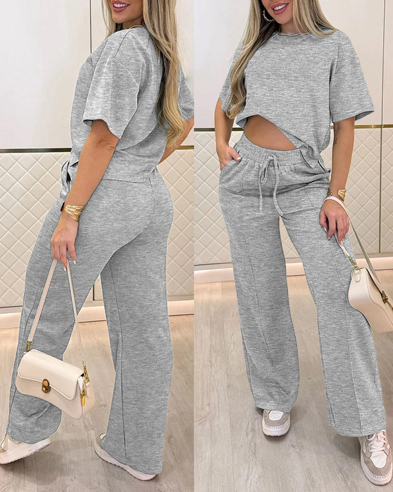2 Pieces Outfit O-neck Short Sleeve Side Slit Top and Casual Drawstring Elastic Waist Seam Front Wide Leg Pants Set