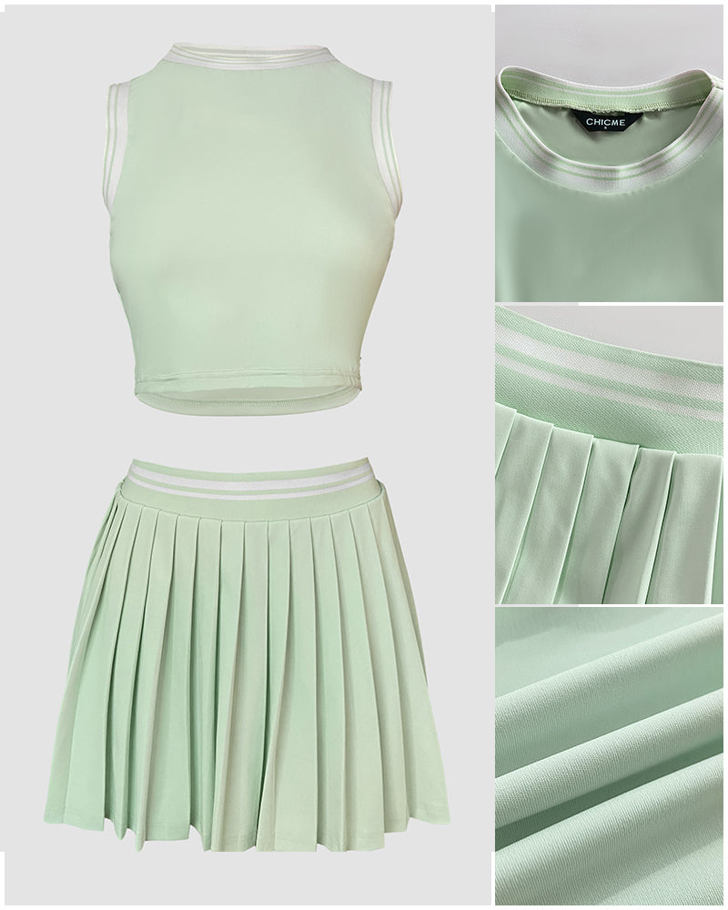 2 Pieces Outfit Round Neck Sleeveless Crop Tank Top and Elastic Waist Pleated Mini Skirt Set Casual Contrast Paneled Set