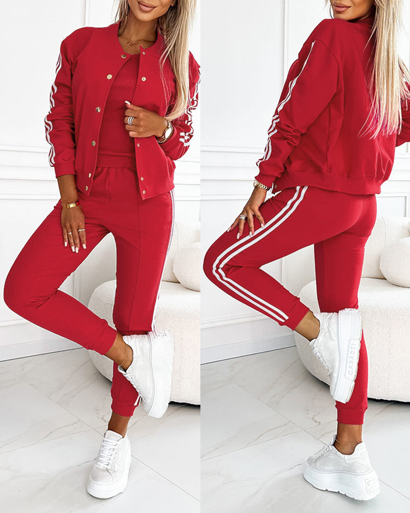 3 Pieces Outfit Snap Buttons Front Coat and Elastic Waist Seam Front Stretchy Cuffs Pants Set with Tank Top Casual Contrast Side Striped Tracksuit