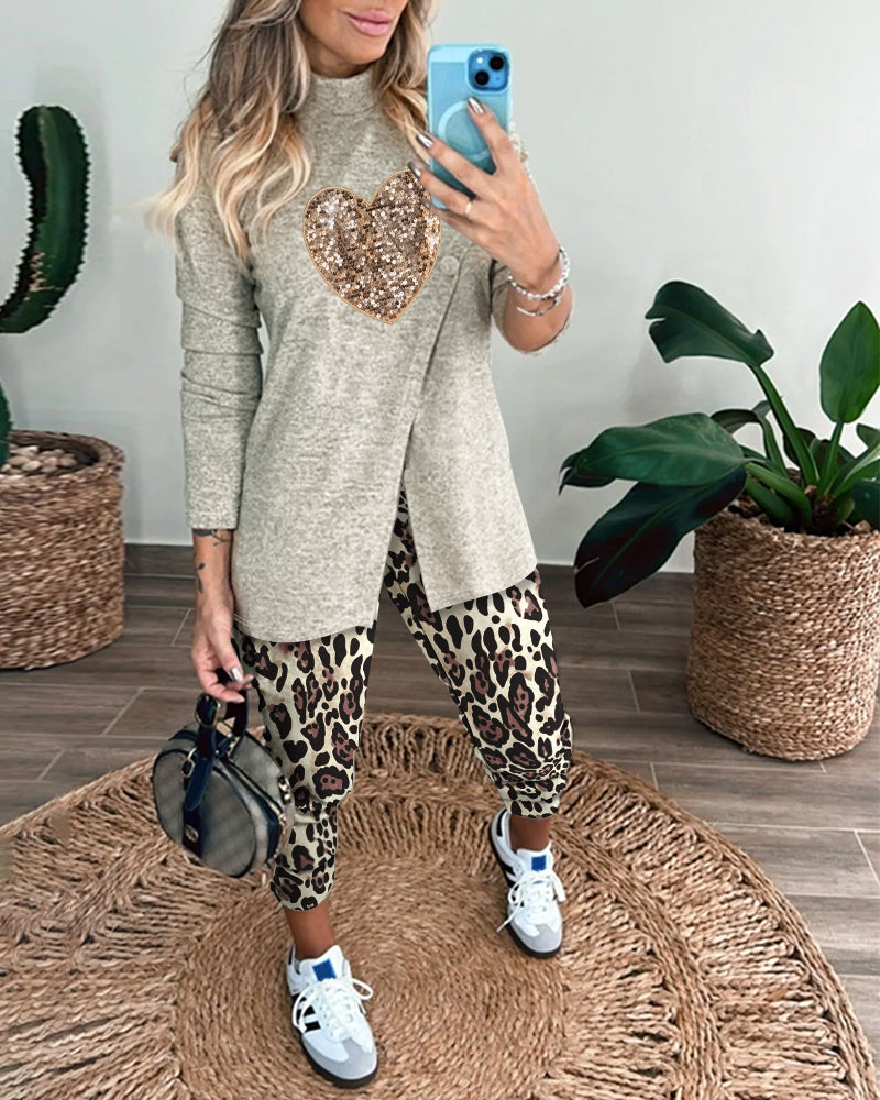 2 Piece Sequin Heart Pattern Mock Neck Long Sleeve Slit Top Leopard Print High Waist Cuffed Pants Lounge Sets