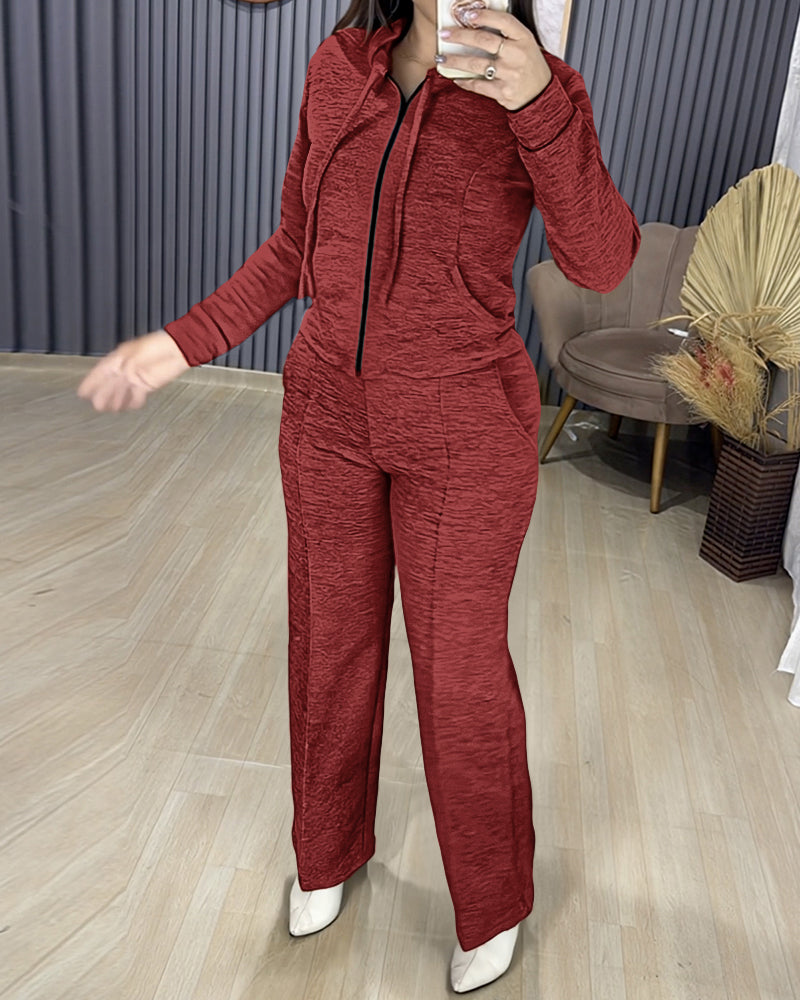 2 Pieces Outfit Long Sleeve Zip Up Drawstring Hoodie Coat and Casual Elastic Waist Seam Front Straight Leg Pants Set