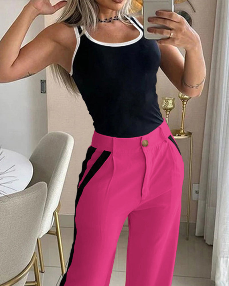 2 Piece Contrast Binding Sleeveless Slim Fit Tank Top and Striped Pants Sets Tracksuits Match Sets