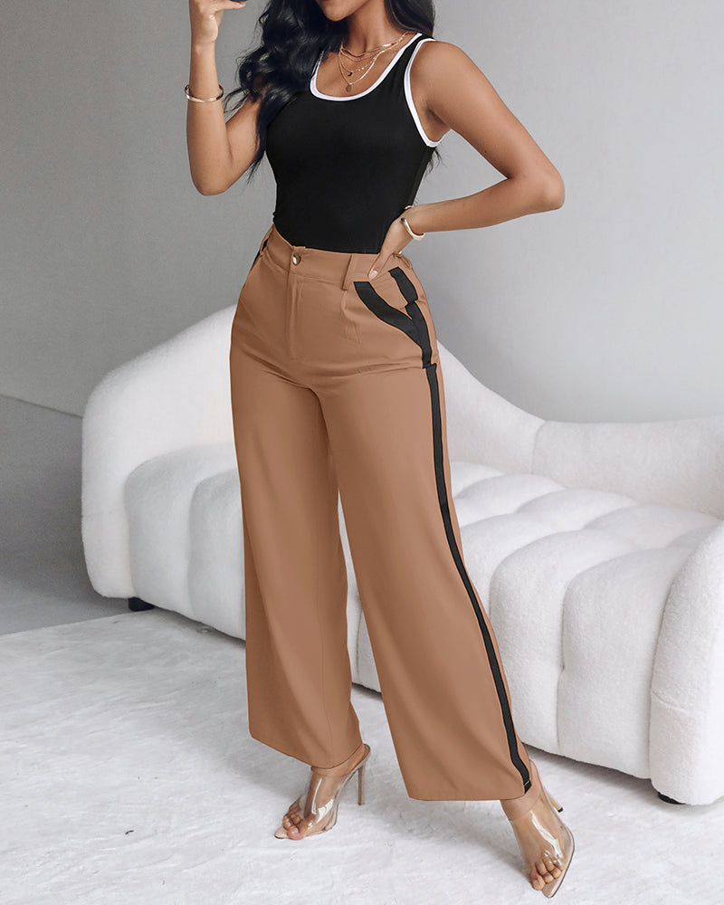 2 Piece Contrast Binding Sleeveless Slim Fit Tank Top and Striped Pants Sets Tracksuits Match Sets