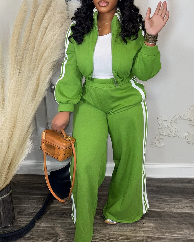 2 Pieces Outfit Stand Collar Zip Up Stretchy Hem Crop Coat and Elastic Waist Wide Leg Pants Set Casual Contrast Side Striped Set