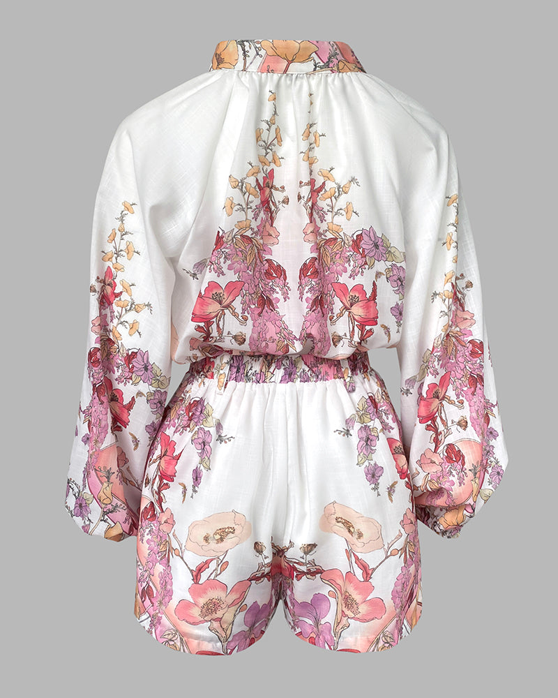 2 Pieces Outfit Floral Placement Print Stand Collar Button Button Front Lantern Sleeve Top and Casual Elastic Back Waist Shorts Set with Belt