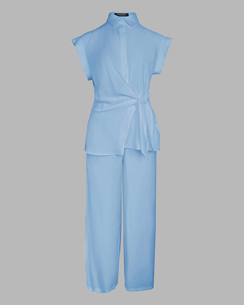 2 Pieces Outfit Turn-down Collar Cap Sleeve Button Front Tied Detail Top and Casual Zipper Fly Elastic Back Waist Wide-Leg Pants Set