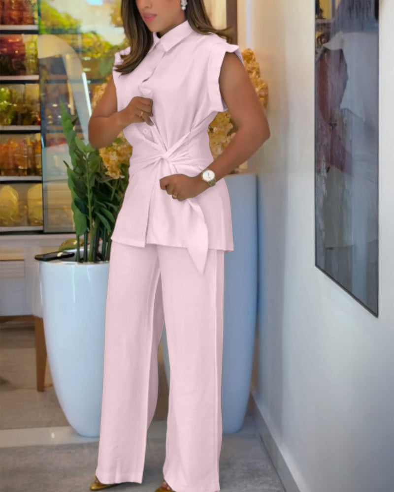 2 Pieces Outfit Turn-down Collar Cap Sleeve Button Front Tied Detail Top and Casual Zipper Fly Elastic Back Waist Wide-Leg Pants Set
