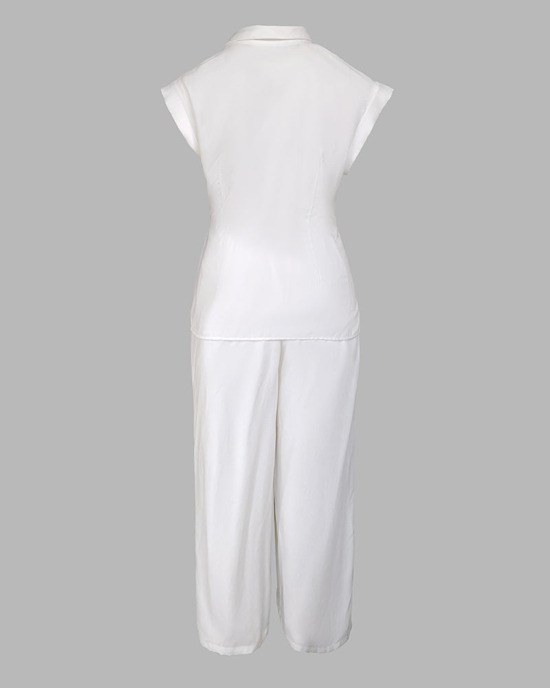 2 Pieces Outfit Turn-down Collar Cap Sleeve Button Front Tied Detail Top and Casual Zipper Fly Elastic Back Waist Wide-Leg Pants Set