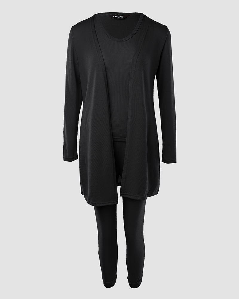 3 Piece Lounge Set Crewneck Sleeveless Tank Top Long Sleeve Open Front Coat Pants Sweatsuit