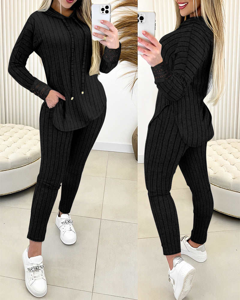 2 Pieces Outfit Drop Shoulder Lace Cuffs Asymmetrical Hem Drawstring Hoodie Top and Elastic Waist Slim Fit Pants Set Casual Brushed Ribbed Set