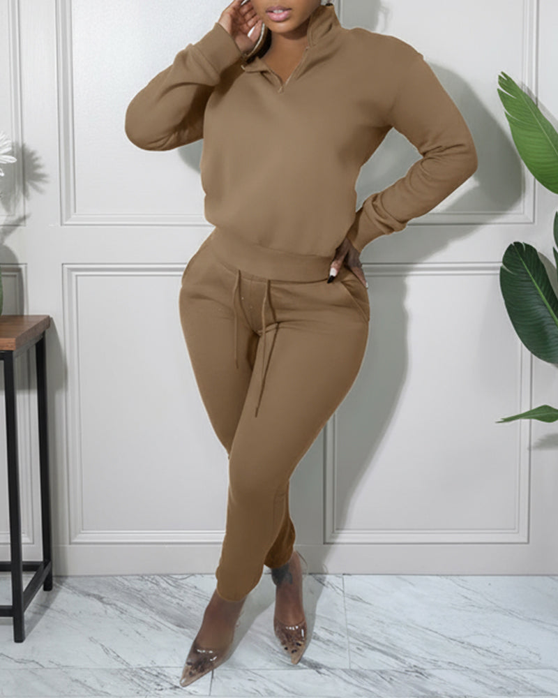 2 Pieces Outfit High Neck Half Zip Drop Shoulder Top and Drawstring Elastic Waist Slim Fit Jogger Pants Set Casual Tracksuit