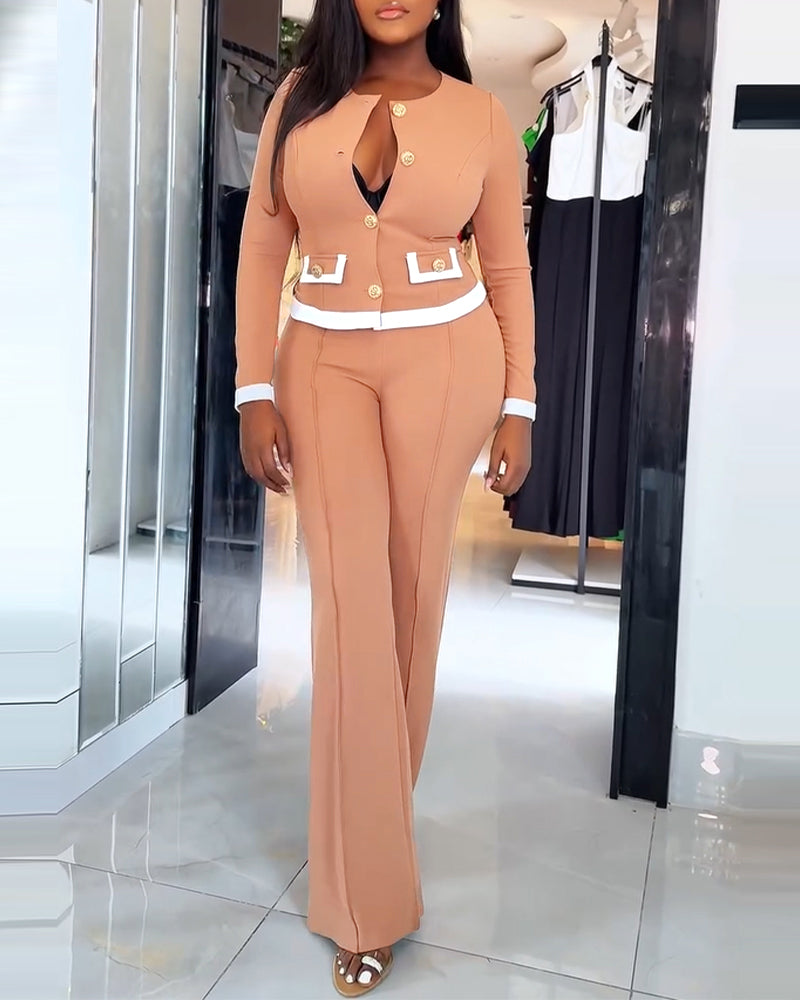 2 Pieces Outfit Contrast Paneled Single Breasted Flap Detail Crop Top and Elastic Waist Seam Front High Waist Pants Set Casual Commuting Set