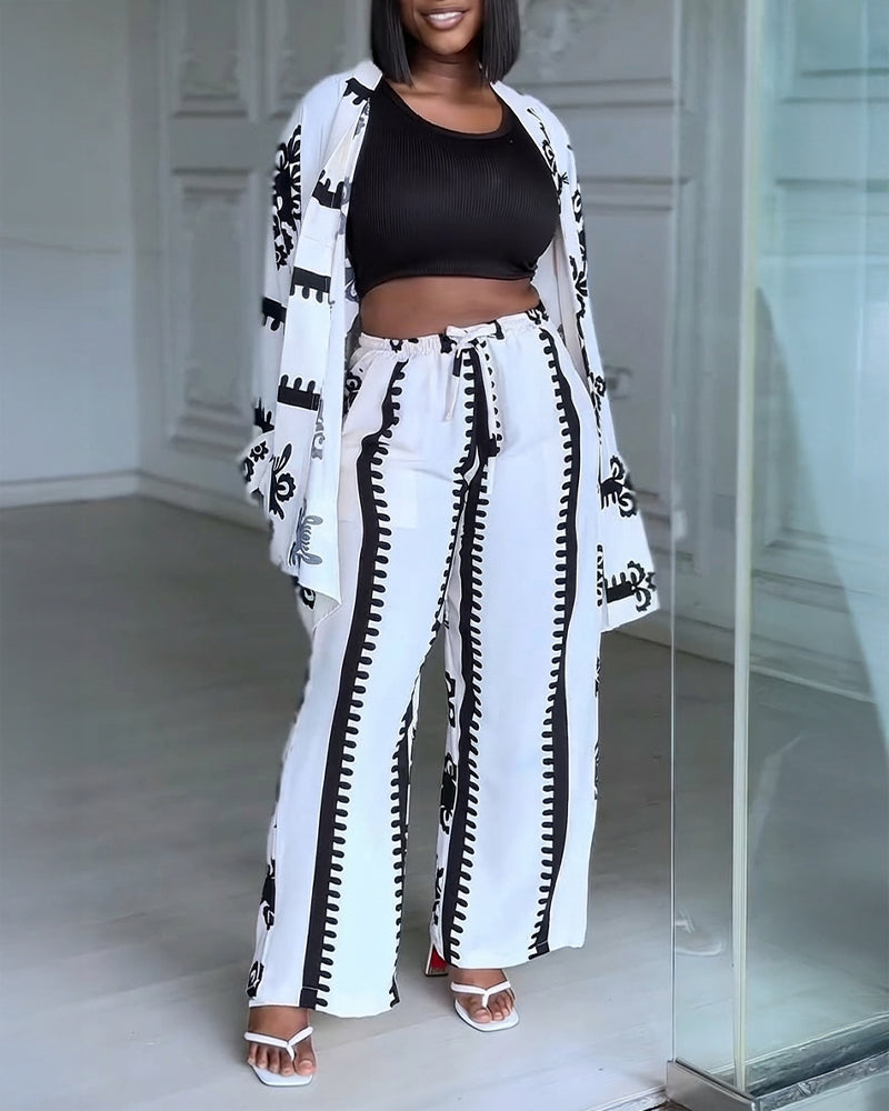 2 Pieces Outfit Open Front Long Sleeve Coat and Drawstring Elastic Waist Wide Leg Pants Set Casual Vintage Baroque Print Loose Fit Set without Tank Top