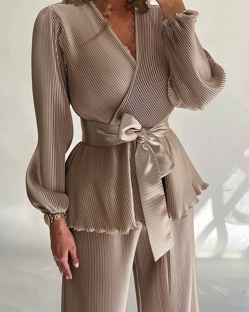 2 Pieces Outfit Overlap V-Neck Lantern Sleeve Tie Waist Ruffle Hem Top and Elastic Waist Wide Leg Pants Set Vintage Frill Hem Satin Pleated Commuting Set