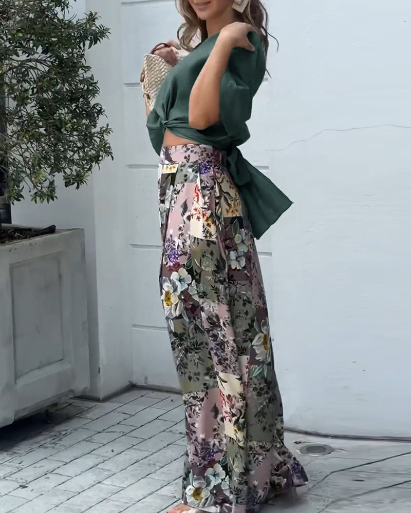 Twisted Crop Top & Floral Print Wide Leg Pants Set