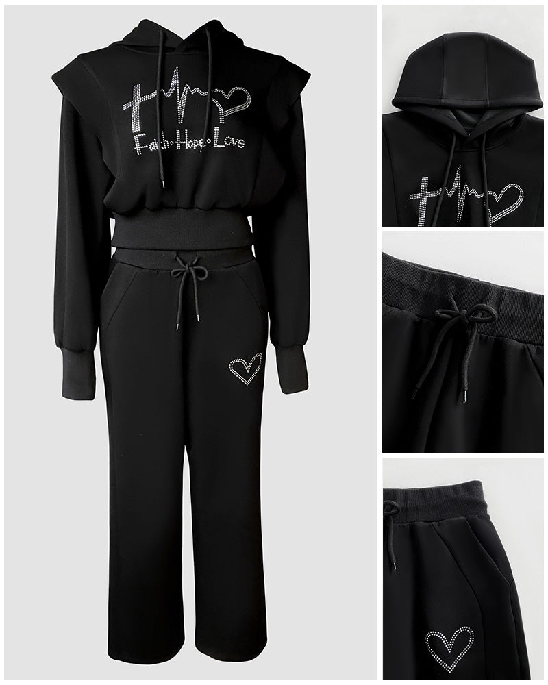 2 Pieces Outfit Rhinestone Graphic & Letter Pattern 3D Design Crop Drawstring Hoodie Sweatshirt and Casual Drawstring Elastic Waist Wide Leg Sweatpants Set