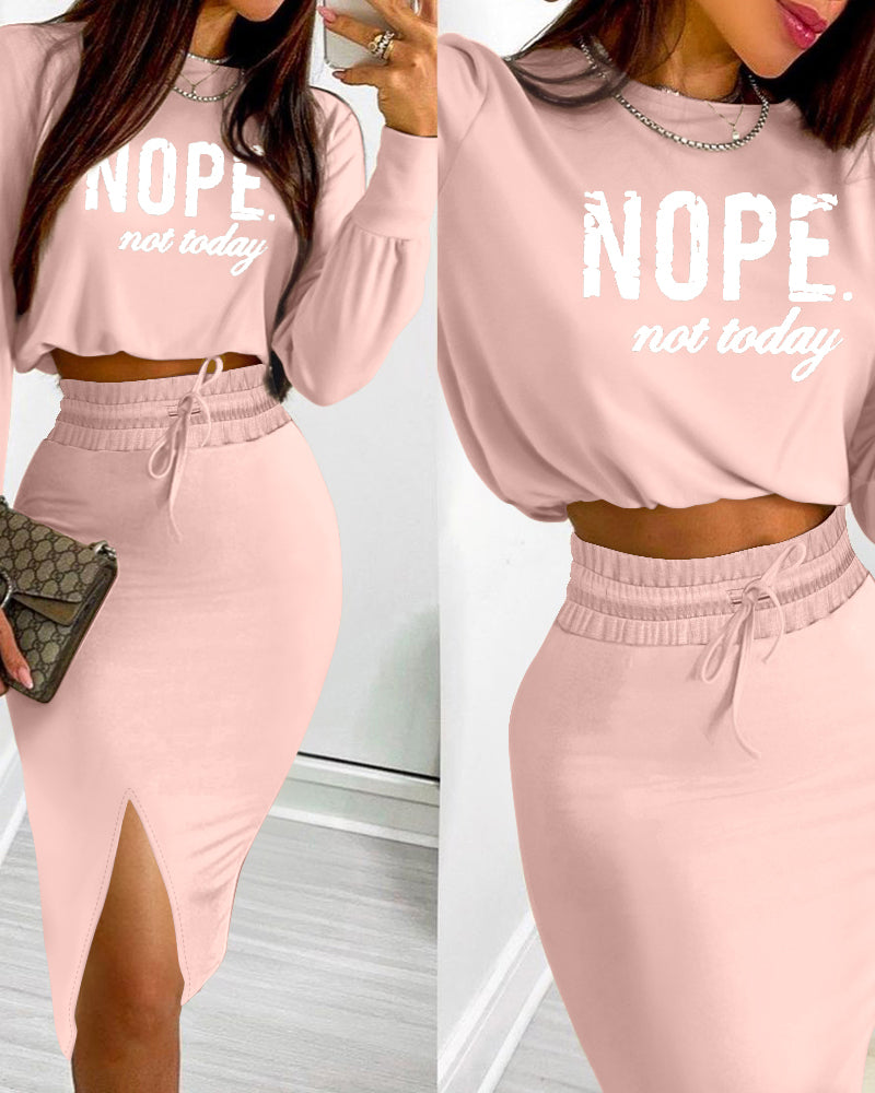 2 Pieces Outfit NOPE. not today Slogan Print Long Sleeve Stretchy Hem Crop Top and High Waist Drawstring Elastic Waist Slit Casual Skirt Set