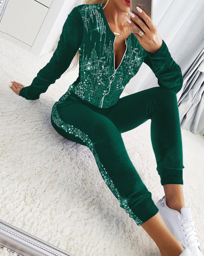 2 Pieces Outfit Contrast Sequin Ruched Long Sleeve Zip Up Coat and Elastic Waist Pants Set Casual Slim Fit Velvet Tracksuit