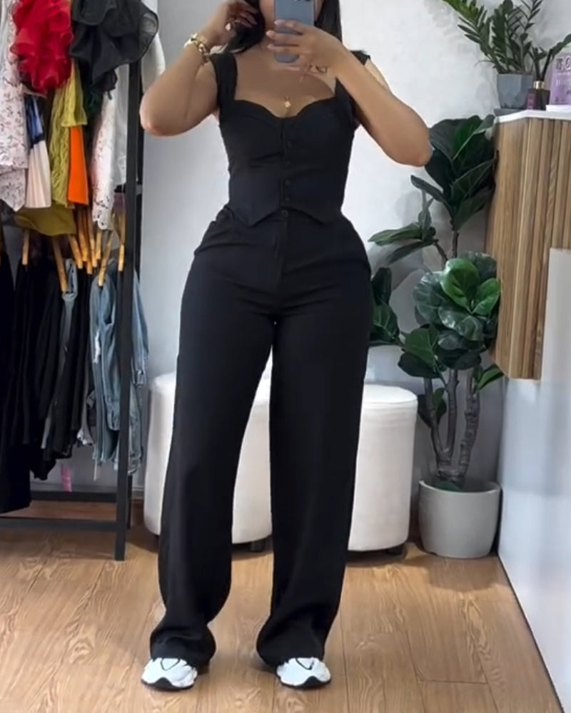 2 Pieces Outfit Thick Strap Button Front Shirred Back Slim Fit Crop Top and Casual High Waist Zipper Fly Elastic Back Waist Wide Leg Pants Set