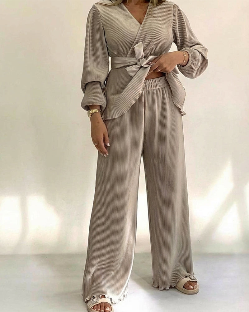 2 Pieces Outfit Overlap V-Neck Lantern Sleeve Tie Waist Ruffle Hem Top and Elastic Waist Wide Leg Pants Set Vintage Frill Hem Satin Pleated Commuting Set