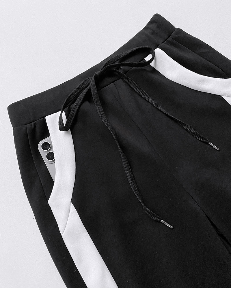 2 Pieces Outfit Half Zip Long Sleeve Top and Drawstring Elastic Waist Pants Set Casual Contrast Paneled Side Set