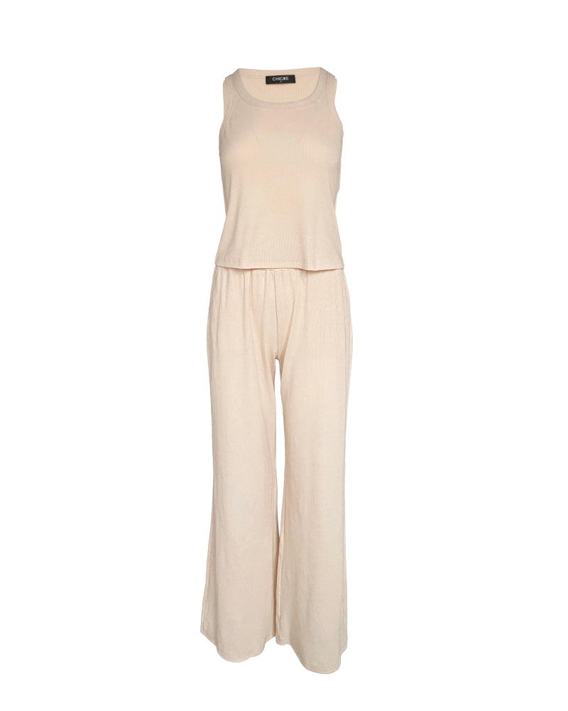2 Piece Loungewear Set U-Neck Sleeveless Ribbed Tank Top and Stretchy High Waist Straight Leg Pocket Design Pants Tracksuit