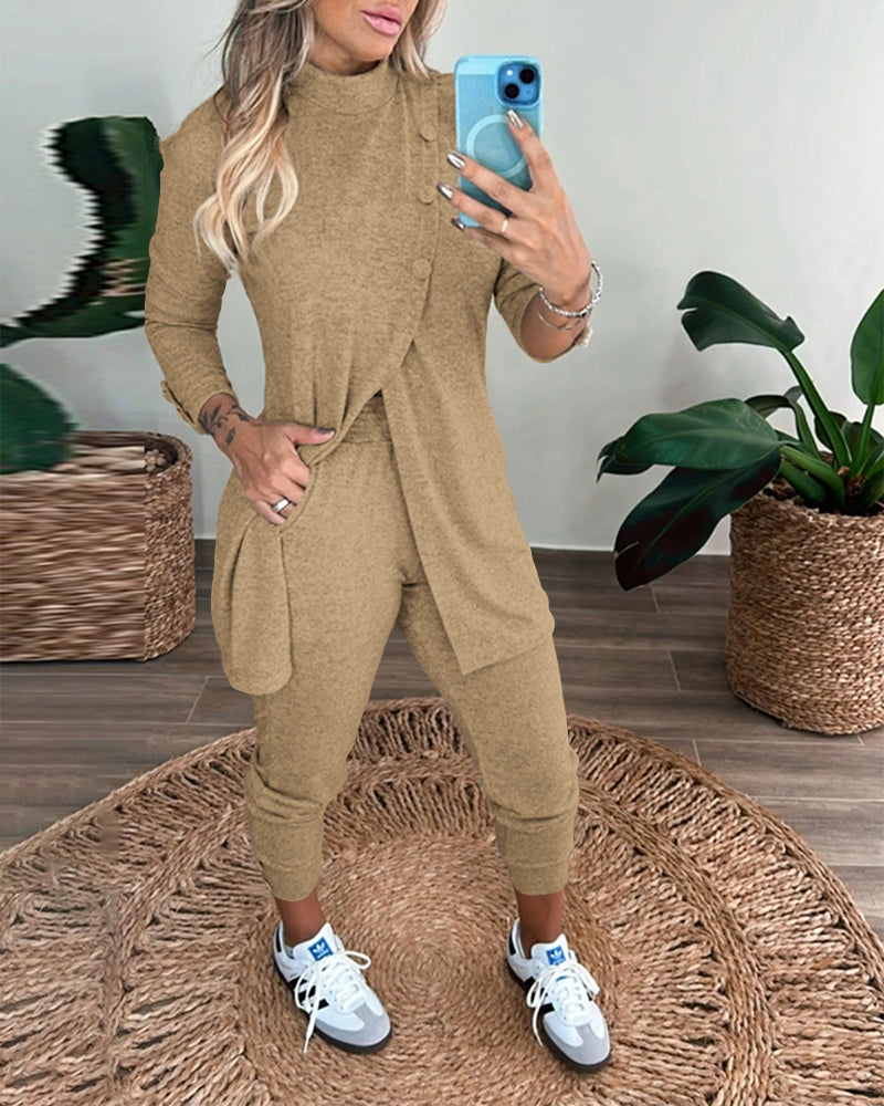 2 Pieces Outfit Mock Neck Long Sleeve Button Decor Slit Mid-Length Top and Stretchy Drawstring High Waist Slim Fit Pants Set