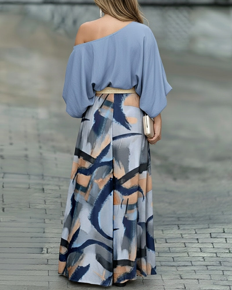 2 Pieces Outfit Skew Neck Batwing Sleeve Stretchy Hem Top and Casual Abstract Print Zipper Fly Elastic Back Waist Wide Leg Pants Set without Belt