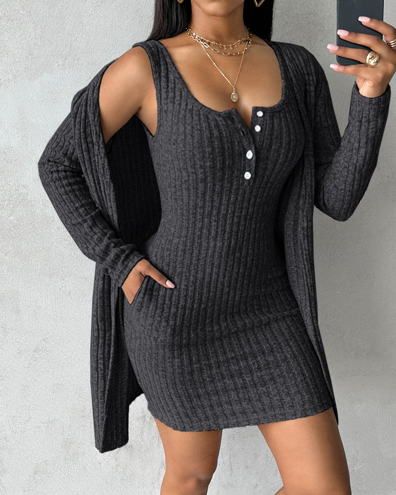 2 Pieces Outfit U-Neck Thick Strap Button Front Slim Fit Ribbed Knit Dress and Casual Long Sleeve Pockets Design Open Front Cardigan Coat Set