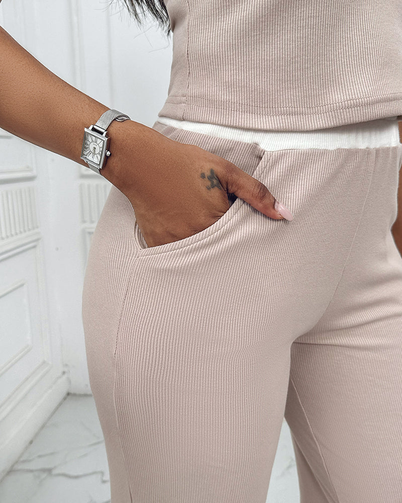2 Piece Outfits Notch Neck Sleeveless Top Stretchy Waist Straight Leg Pants Lounge Sets Tracksuit