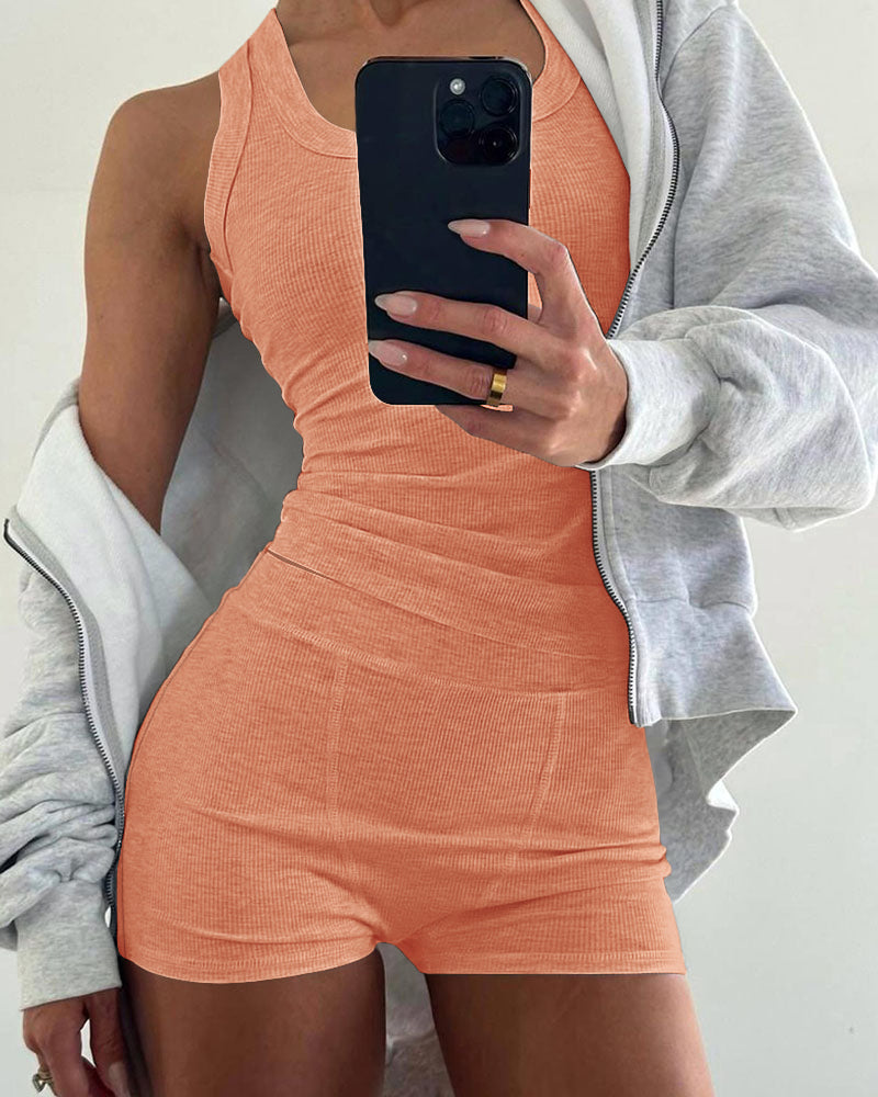 2PCS Micro-Ribbed U-Neck Tank Top & Boxer Set Cozy Loungewear