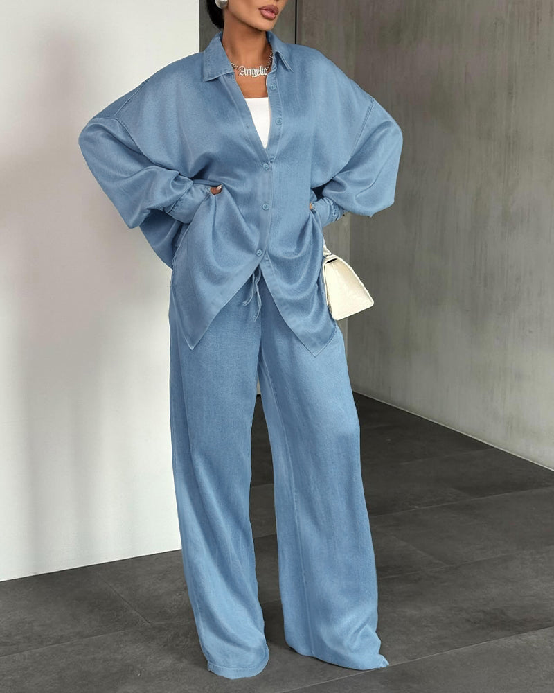 2 Pieces Outfit Turn-down Collar Long Sleeve Button Front Curved Hem Top and Drawstring Elastic Waist Pants Set
