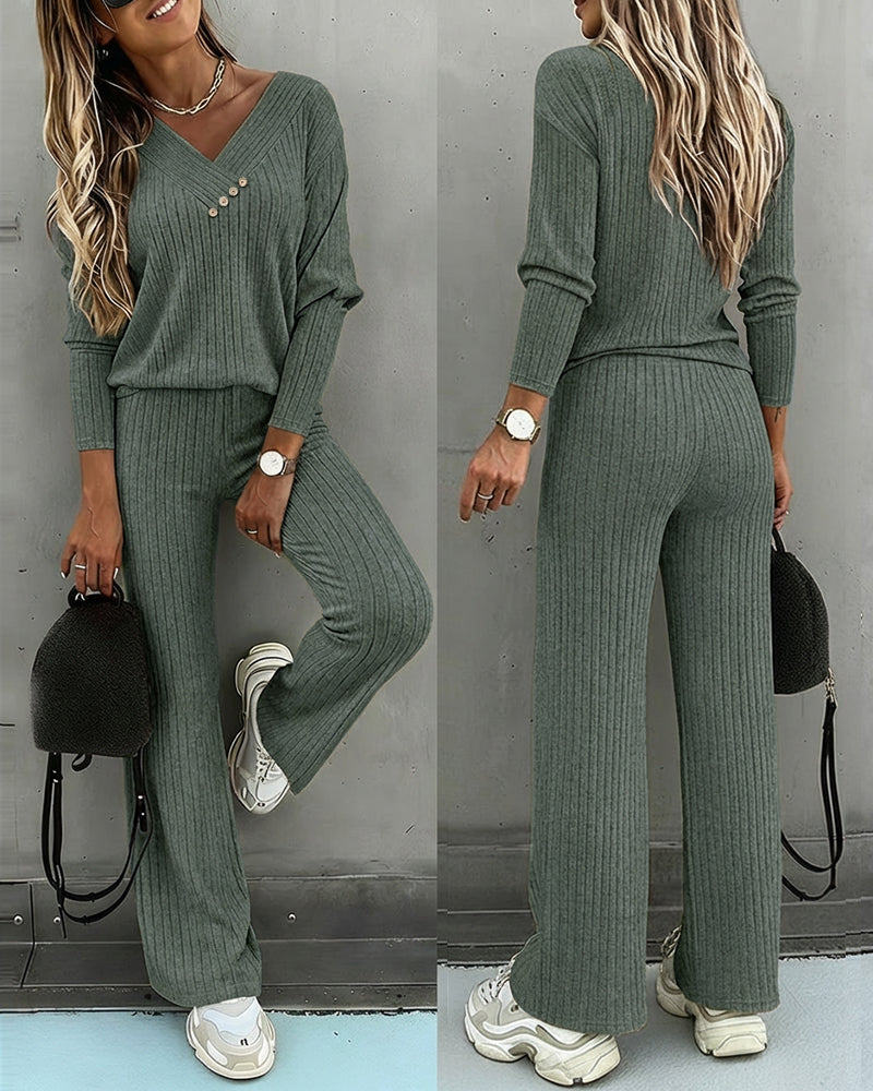 2 Pieces Outfit Button Decor V-Neck Long Sleeve Top and Elastic Waist Straight Leg Pants Set Casual Ribbed Set