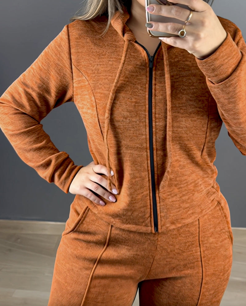 2 Pieces Outfit Long Sleeve Zip Up Drawstring Hoodie Coat and Casual Elastic Waist Seam Front Straight Leg Pants Set