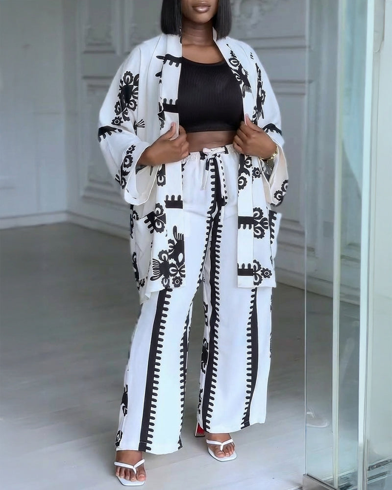 2 Pieces Outfit Open Front Long Sleeve Coat and Drawstring Elastic Waist Wide Leg Pants Set Casual Vintage Baroque Print Loose Fit Set without Tank Top