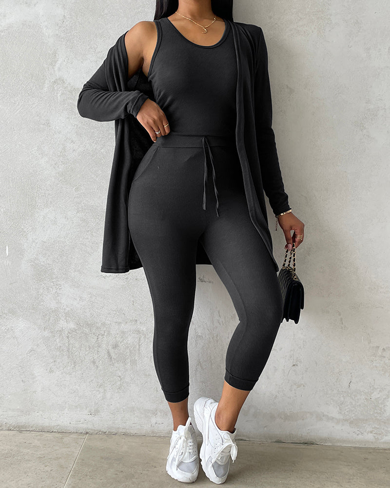 3 Piece Lounge Set Crewneck Sleeveless Tank Top Long Sleeve Open Front Coat Pants Sweatsuit