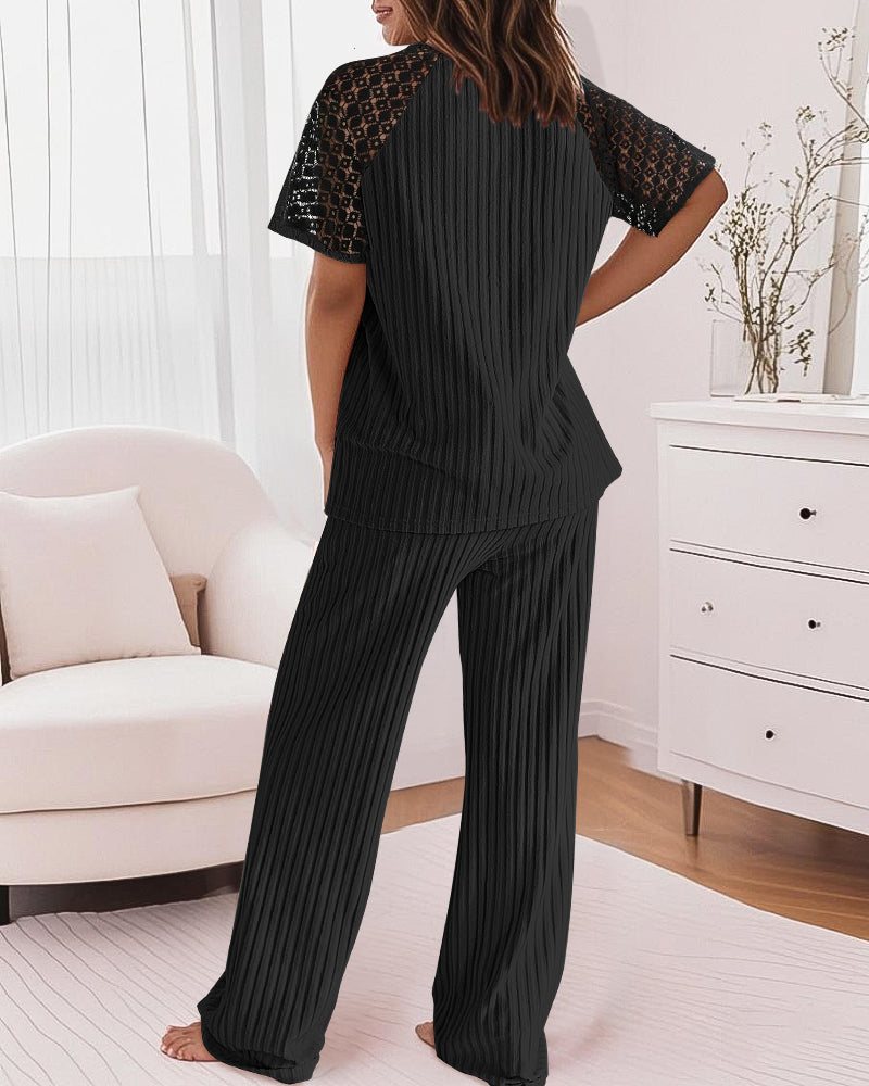 2 Pieces Outfit Round Neck Lace Spliced Short Sleeve Top and Elastic Waist Straight Leg Pants Set Casual Brushed Ribbed Pajamas Set