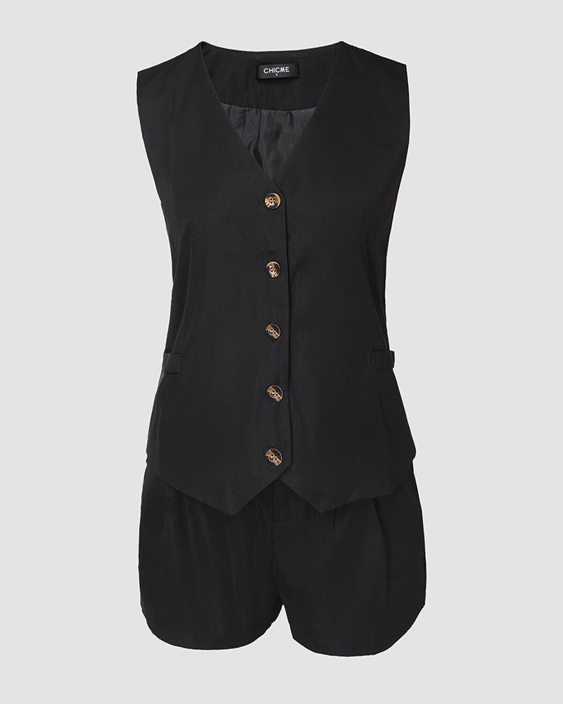 2 Pieces Outfit V-Neck Sleeveless Button Front Vest and Zipper Fly Colorblock Elastic Back Waist Shorts Set Casual Blazer Set