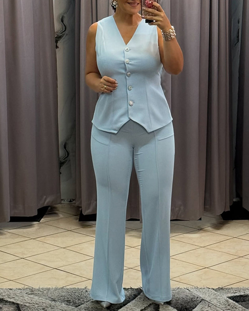 2 Pieces Outfit Plain Sleeveless V-Neck Tank with Button Details and Casual Wide Leg Pants Set