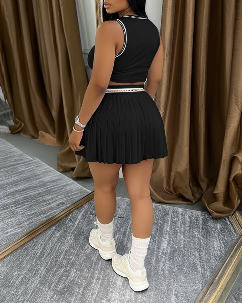 2 Pieces Outfit Round Neck Sleeveless Crop Tank Top and Elastic Waist Pleated Mini Skirt Set Casual Contrast Paneled Set