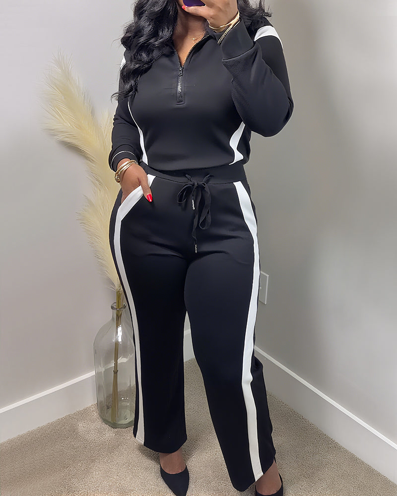 2 Pieces Outfit Half Zip Long Sleeve Top and Drawstring Elastic Waist Pants Set Casual Contrast Paneled Side Set