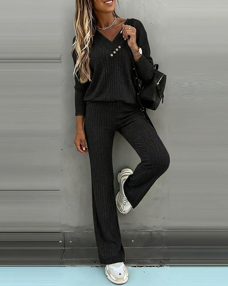2 Pieces Outfit Button Decor V-Neck Long Sleeve Top and Elastic Waist Straight Leg Pants Set Casual Ribbed Set