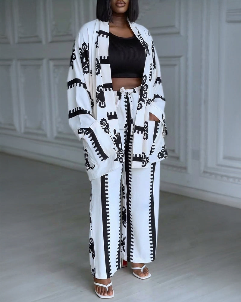 2 Pieces Outfit Open Front Long Sleeve Coat and Drawstring Elastic Waist Wide Leg Pants Set Casual Vintage Baroque Print Loose Fit Set without Tank Top